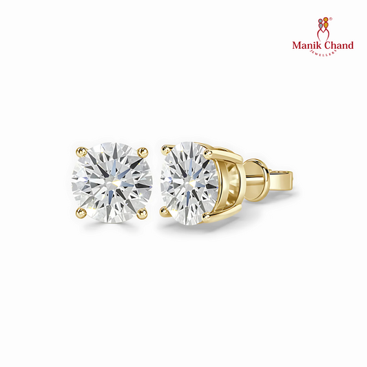 Round One Carat Diamond Stud Earrings In Yellow Gold