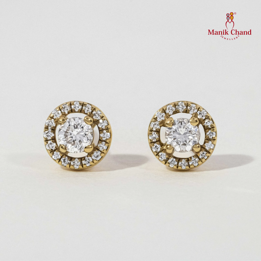 Round Halo Diamond Stud Earrings in Yellow Gold – Timeless Elegance