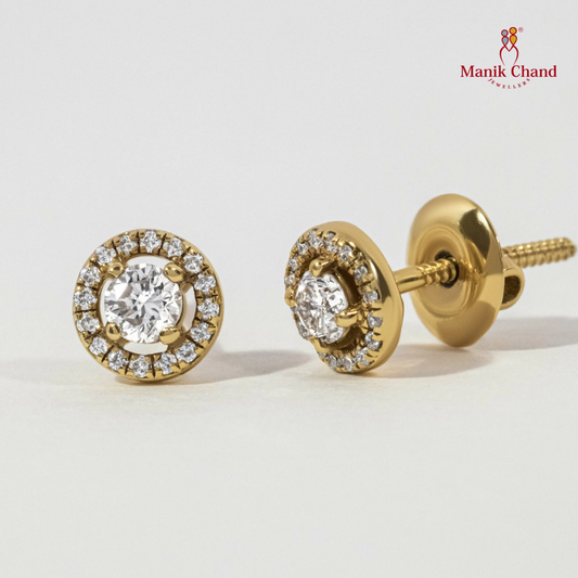 Round Halo Diamond Stud Earrings in Yellow Gold – Timeless Elegance