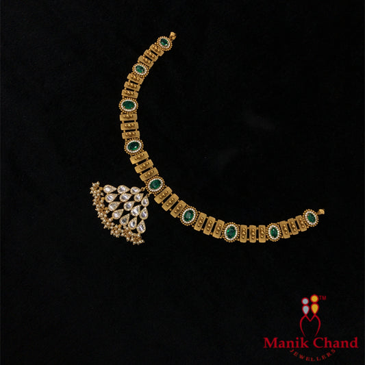 Elegant gold necklace with emerald accents & pearl drop pendant | 22kt Gold
