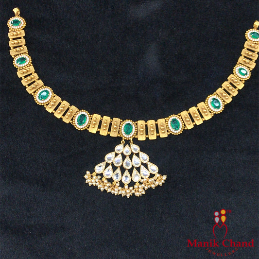 Elegant gold necklace with emerald accents & pearl drop pendant | 22kt Gold